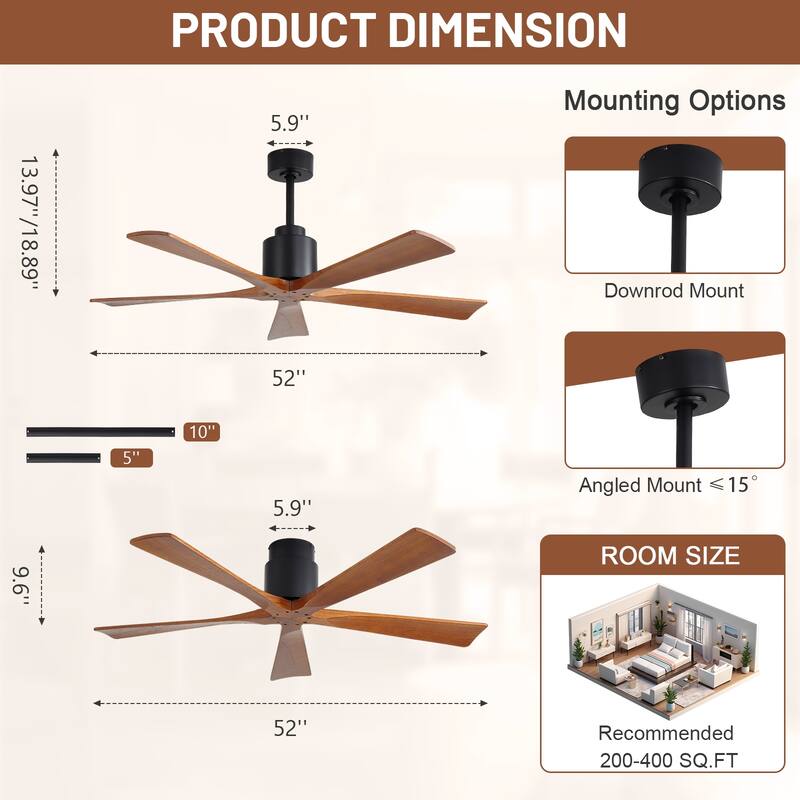 Sofucor 52Inch Solid wood Ceiling Fans with Remote,without Light 5 Blades DC Motor Mid Century Modern - 52 Inches