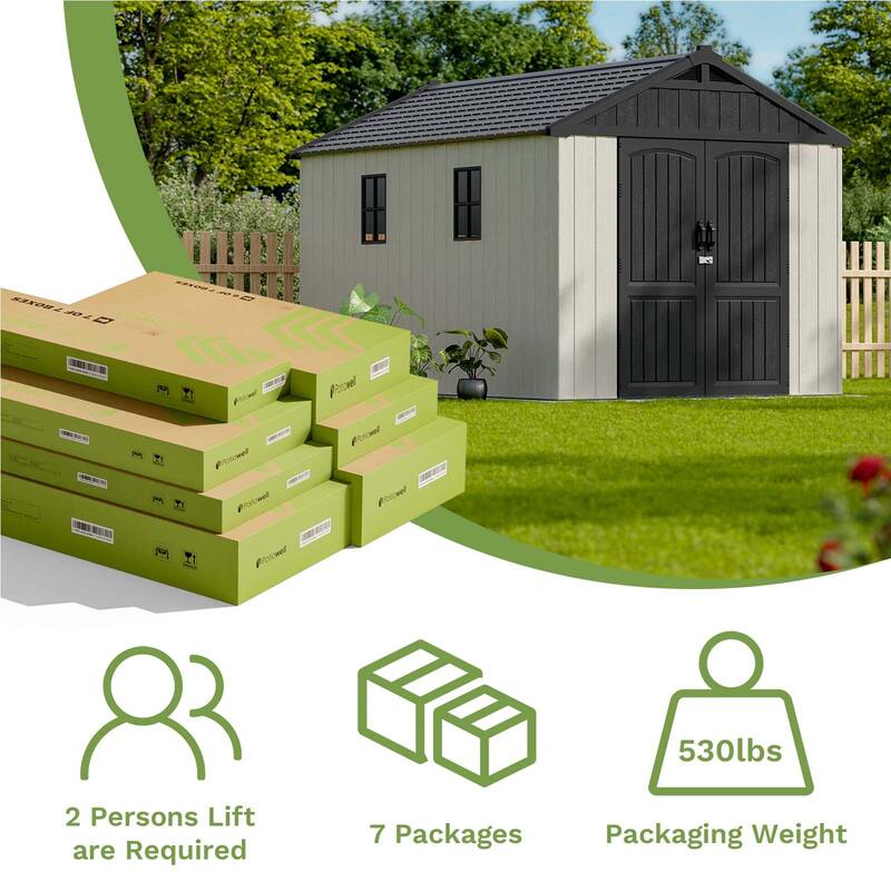 Patiowell 8' x 6' / 8' x 8' / 8' x 10 '/ 8' x 12' Plastic Outdoor Shed With Floor for Patio Furniture, Tools (Kick-It Shed)