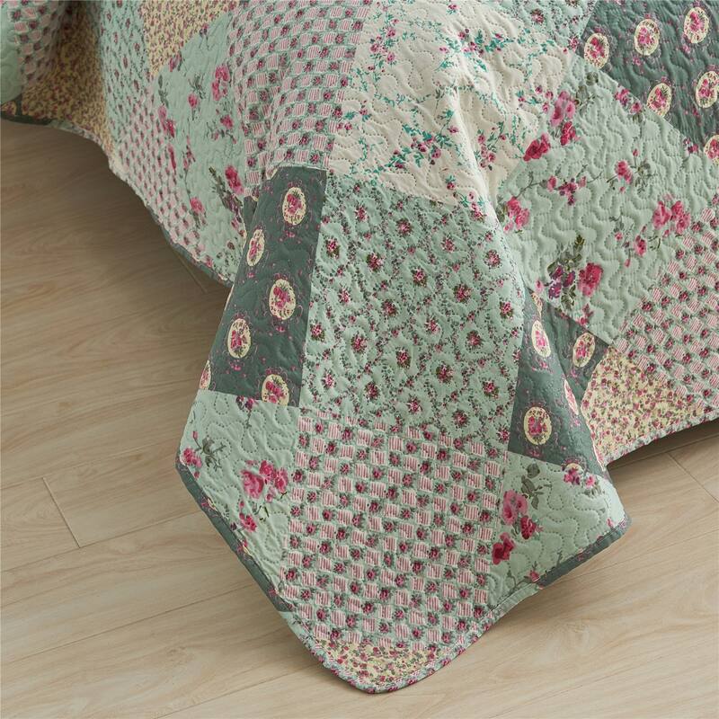 Pink Plaid Patchwork Quilt Set Bedspread