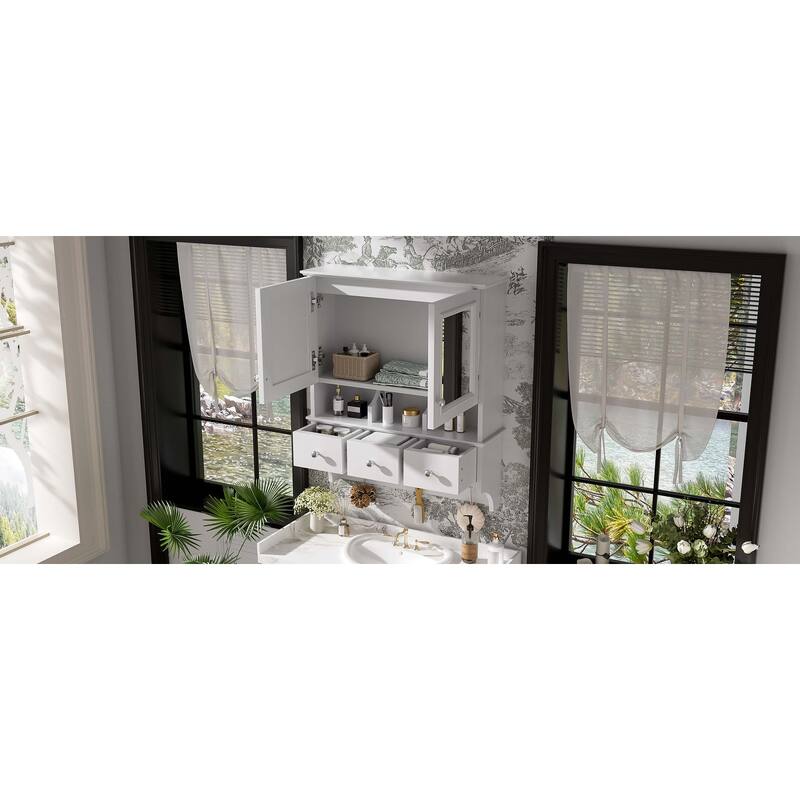 4-in-1 Bathroom Mirror Cabinet,24"Wall Mounted Medicine Cabinet with Drawers & Organizer Hooks,High-Define Mirrors with Storage