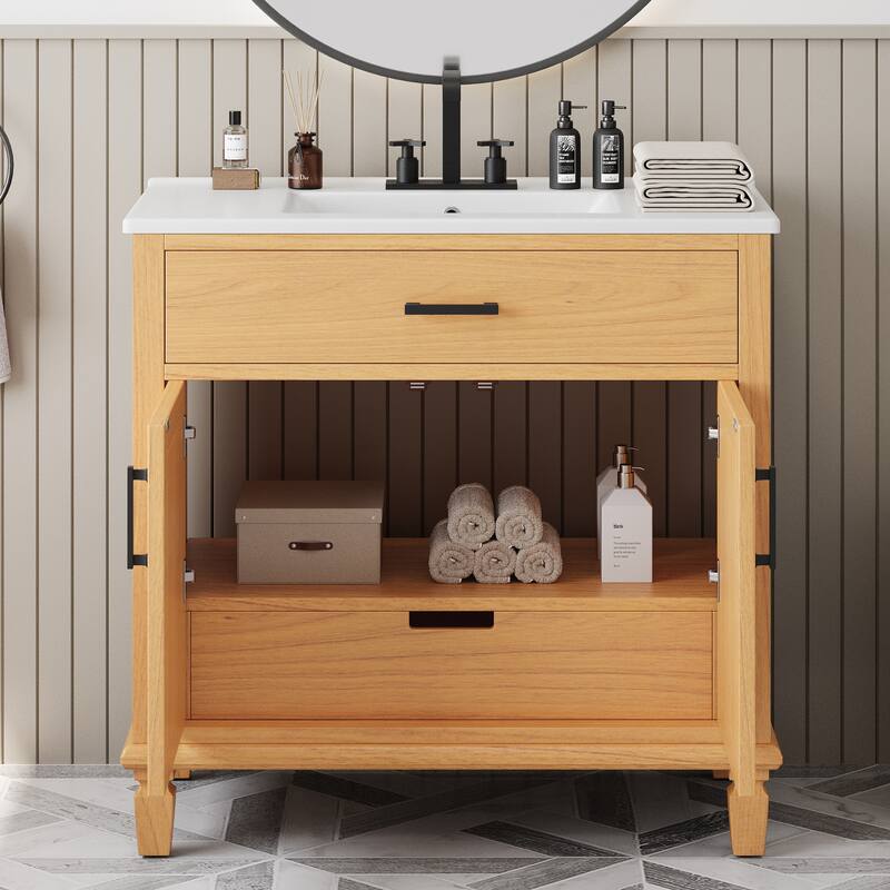36" Bathroom Vanity with Ceramic Sink, Bathroom Sink Cabinet with 2 Soft Close Doors and 3 Drawers