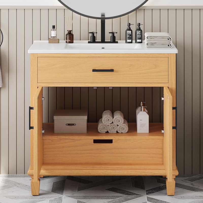 36"Bathroom Vanity with Ceramic Sink,Bathroom Cabinet with 2 Soft Close Doors and 3 Drawers,Free-standing Vanity with Wood Legs