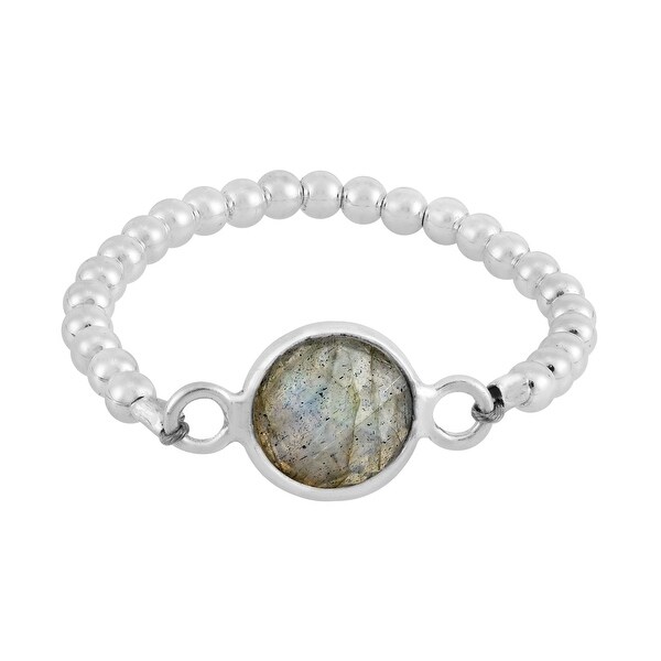 Handmade Stunning Round Stone Inlay on Sterling Silver Beaded Band Ring (Thailand). Opens flyout.