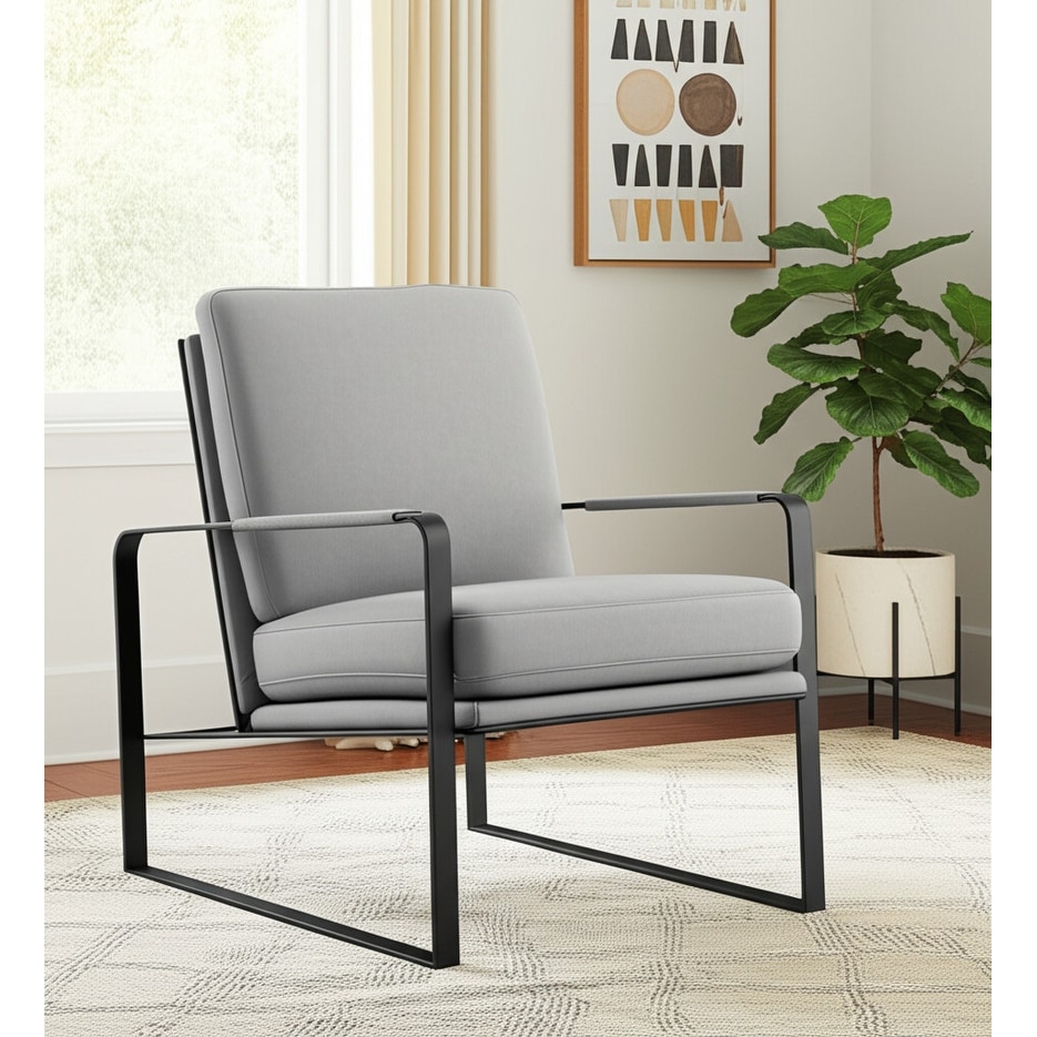 HomeRoots 35" Light Gray and Black Velvet And Metal Lounge Chair - 34.7 in. x 35 in. x 27.6 in.