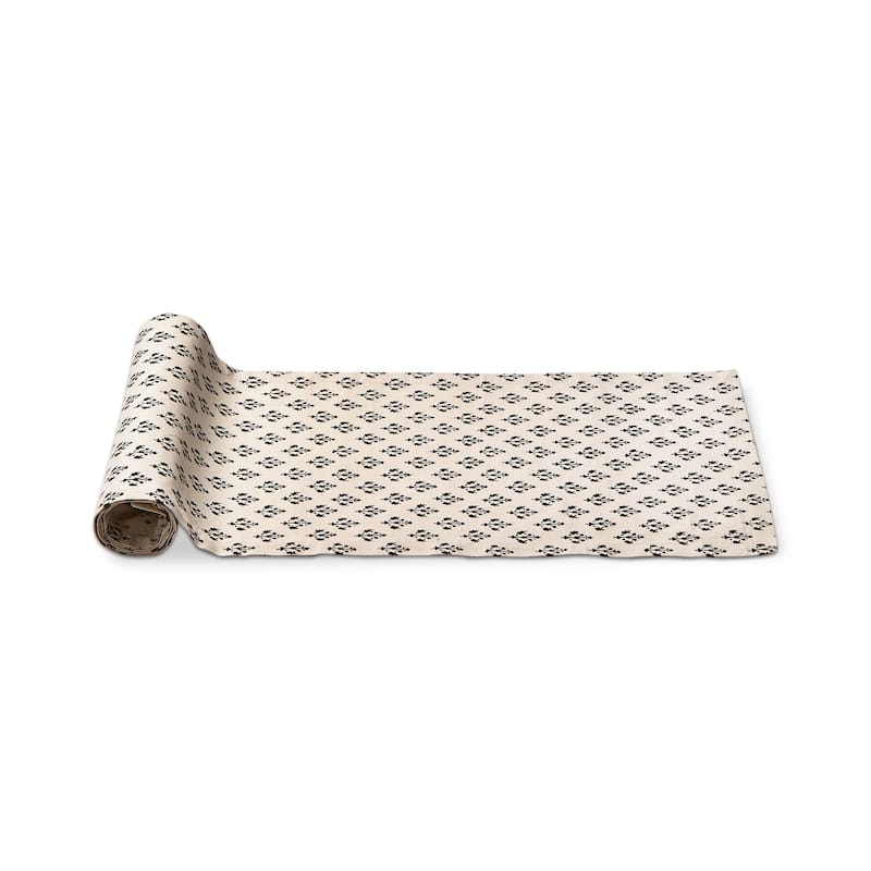 Emma Block Print All Over Black Abstract Print on Beige Background Cotton Machine Washable Table Runner , 72" x 14.5"-in.