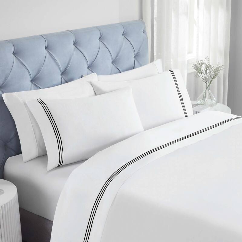 Superior Brandon Cotton Three-Line Embroidered Bed Sheet Set - White/Black - Full