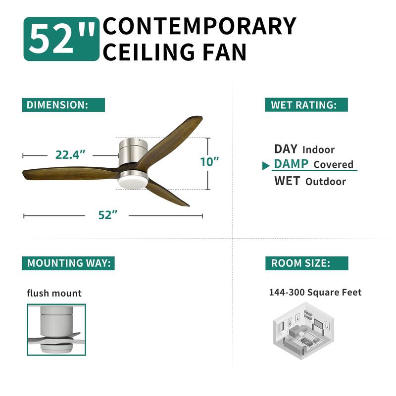 52 inch 6-Speed LED Smart Ceiling Fan with Remote Control and Light Kit Included