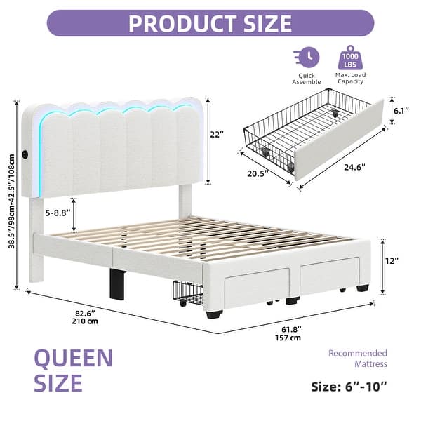 dimension image slide 0 of 3, Adjustable Headboard Lamb Wool Bed Frame with Drawer and Charging Station & LED Lights