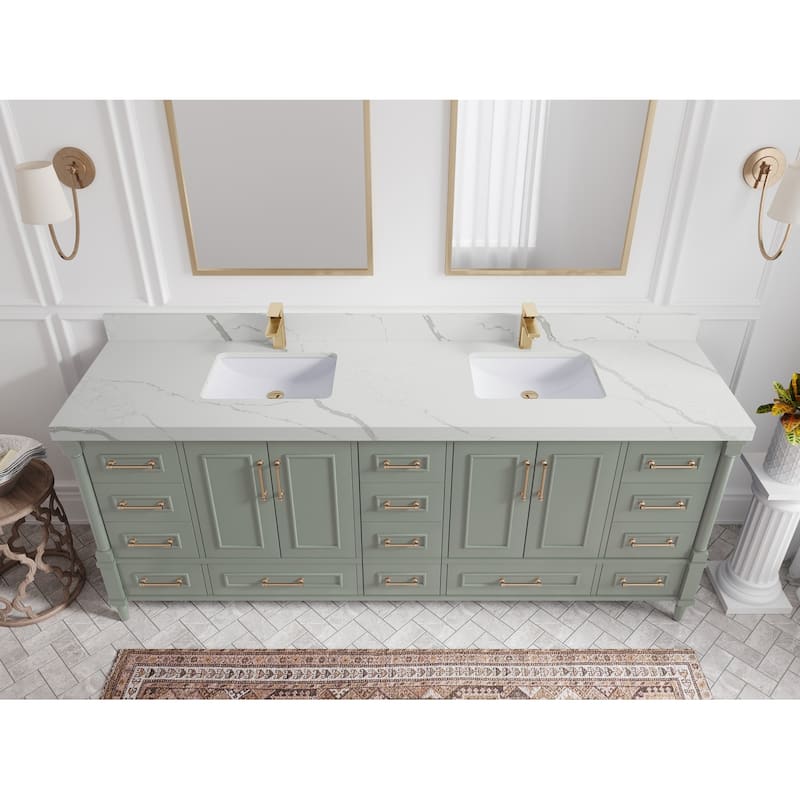 Willow Collections 84 in. W x 22 in. D Aberdeen Double Bowl Sink Bathroom Vanity with Countertop - 2" Calacatta Laza - Evergreen