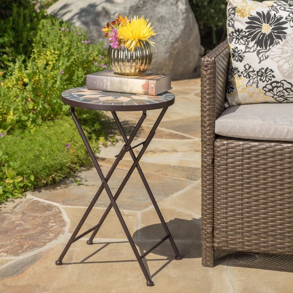 Silvester Outdoor Round Stone Side Table with Iron Frame by Christopher Knight Home