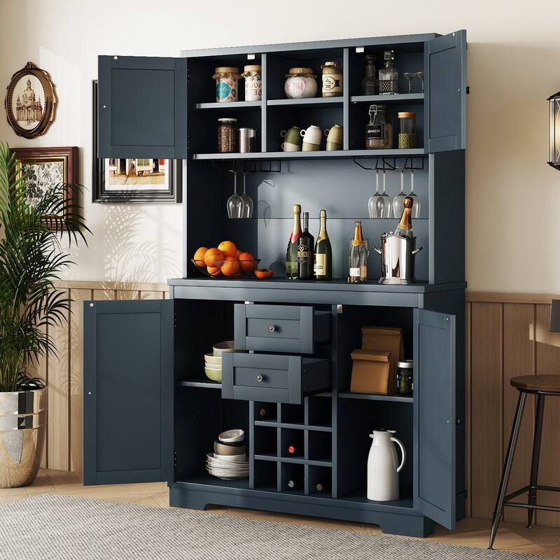 Farmhouse Home Bar Wine Storage Cabinet, Buffet Sideboard Kitchen Pantry with Adjustable Shelves, Drawers & Wine Glass Racks