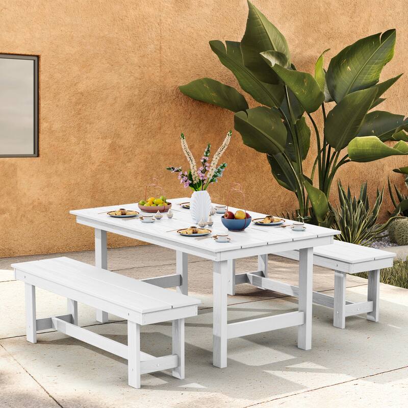 3-Piece HDPE Outdoor Dining Set with Umbrella Hole Table and Two 2-Person Benches