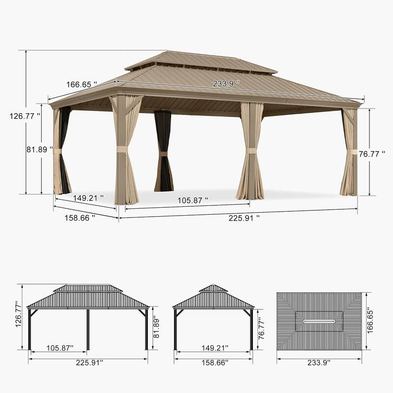 PURPLE LEAF Outdoor Hardtop Gazebo Pro Champagne Metal Frame Galvanized Steel Double Roof with Curtains and Netting for Poolside