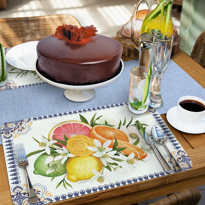 Mediterranean Citrus 4 Pack Reversible Easy Care Flexible Plastic Placemats Made in The USA BPA Free Easily Wipes Clean