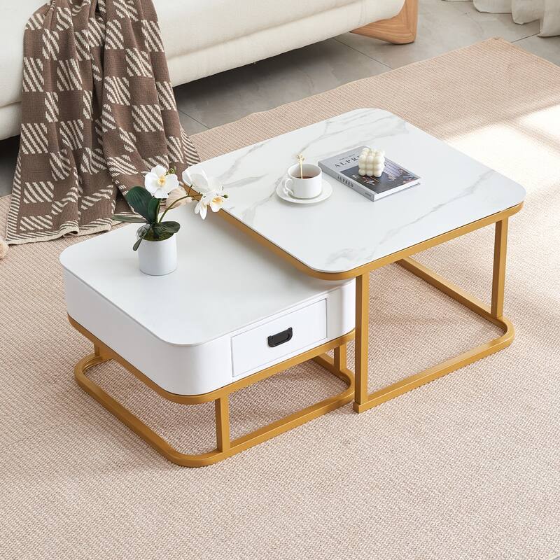 Square Coffee Tables Set of 2 Nesting Table with Storage Shelf, White