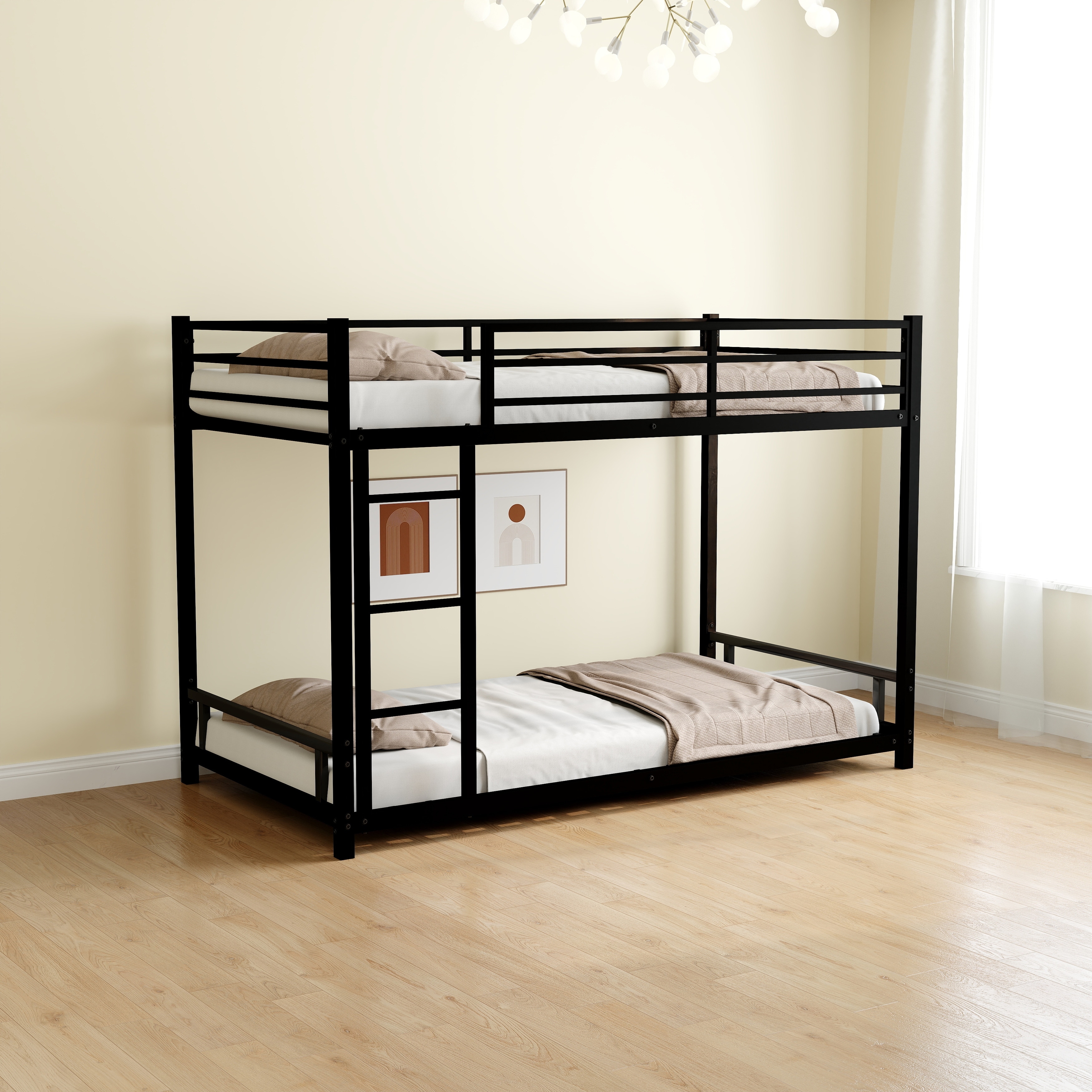 Low Bunk Bed Metal Bed Frame with Guardrail and Ladder