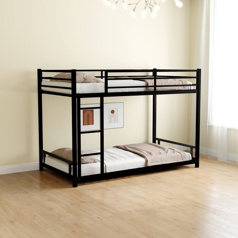 Twin over Twin Metal Bunk Bed with Safety Guardrail, Sturdy Construction, No Box Spring Needed - Black