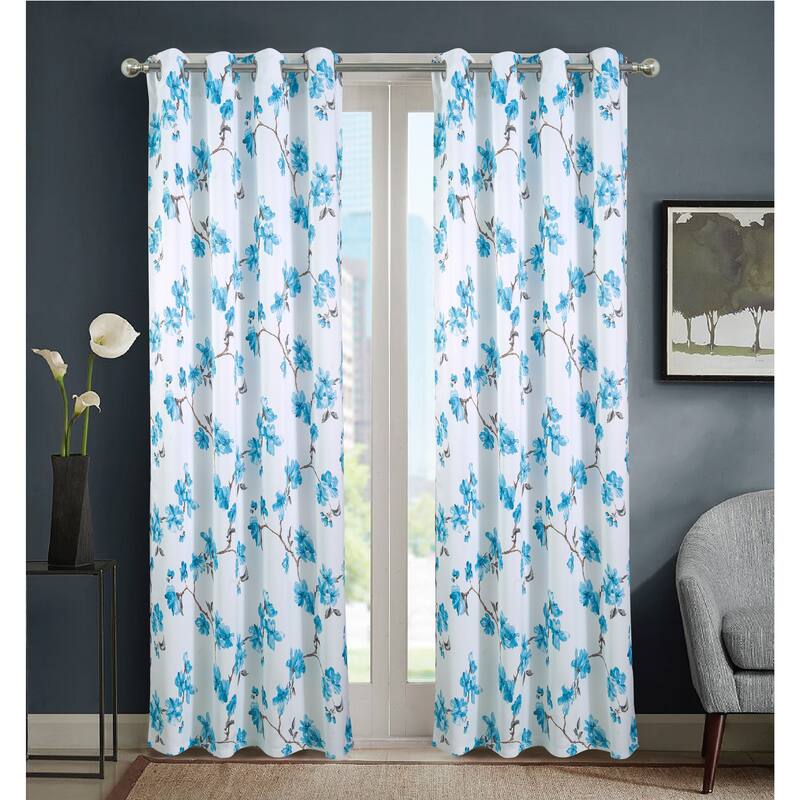 Lily Flowers Blackout Window Curtain 90 inch - Teal