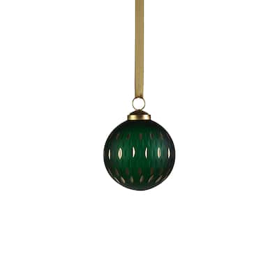 3" Green Frosted & Etched in Gold Glass Ornament 3", Set of 6