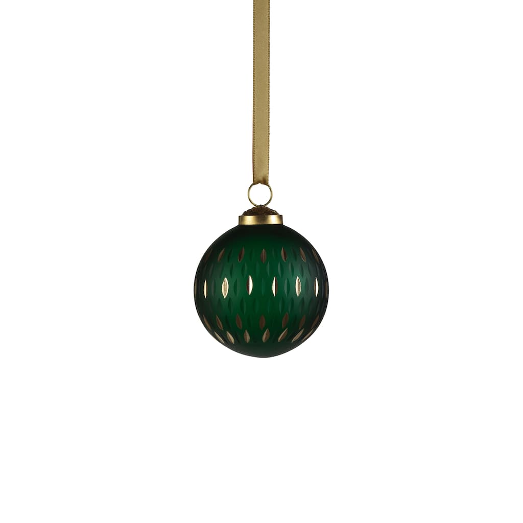 3" Green Frosted & Etched in Gold Glass Ornament 3", Set of 6