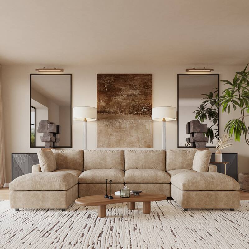 Cloud Couch Modular Sectional Sofa, 134" U Shaped Couch for Livingroom, Oversized Convertible Wide Seater with 2 Ottomans - Khaki