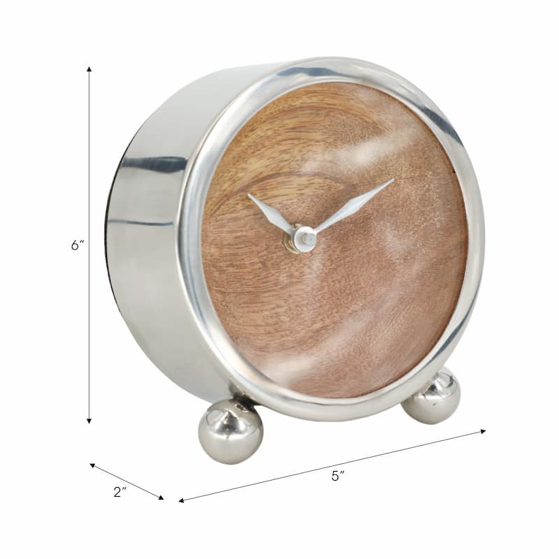 Sagebrook Home's 5" Round Wood Face Table Clock - Timeless Silver Steel, Wood, and Glass Design - 5" x 2" x 6"