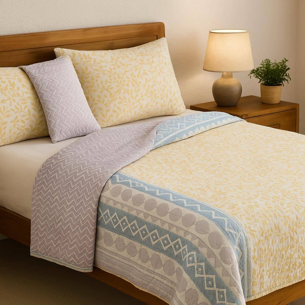 Oriole Handcrafted Reversible Quilt with Matching Sham Covers