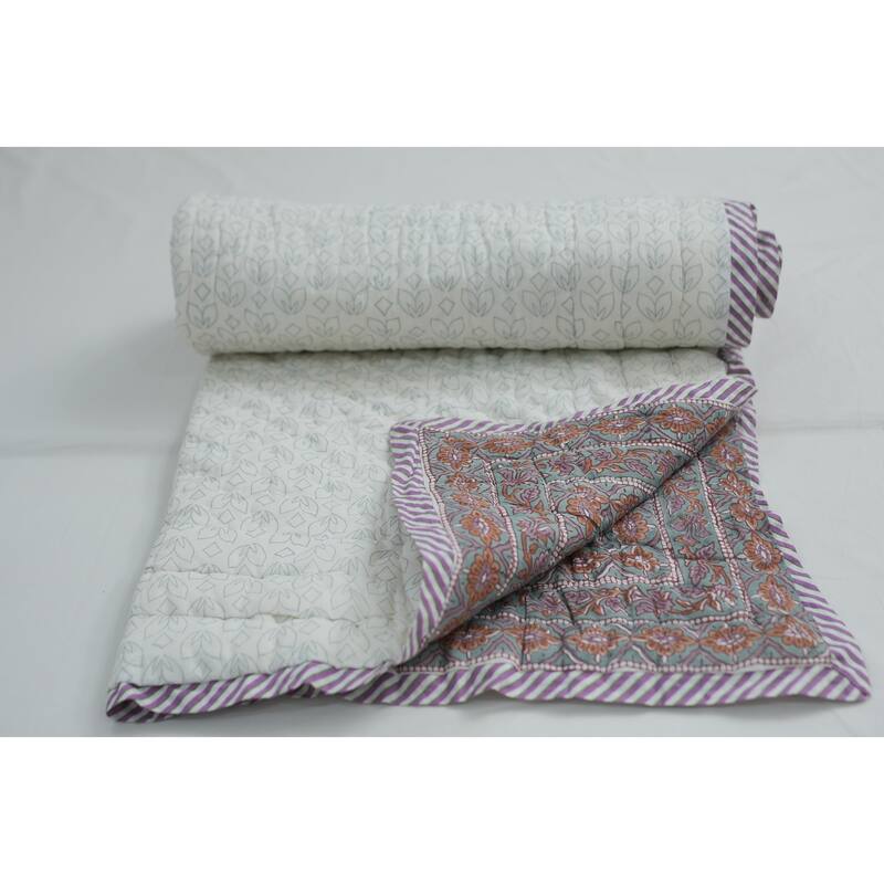 Fabdivine Luxury Hand Block Print Cotton Quilt Floral Boho Bedding for Bedroom & Sofa, Pink Brown, Handmade Reversible Bedspread