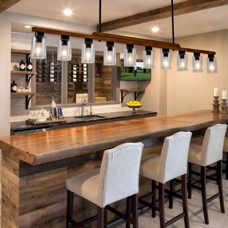 Farmhouse Chandelier for Dining Room Kitchen Island Rustic Wood Linear Pendant Light with Seed Glass Shade - 78.74