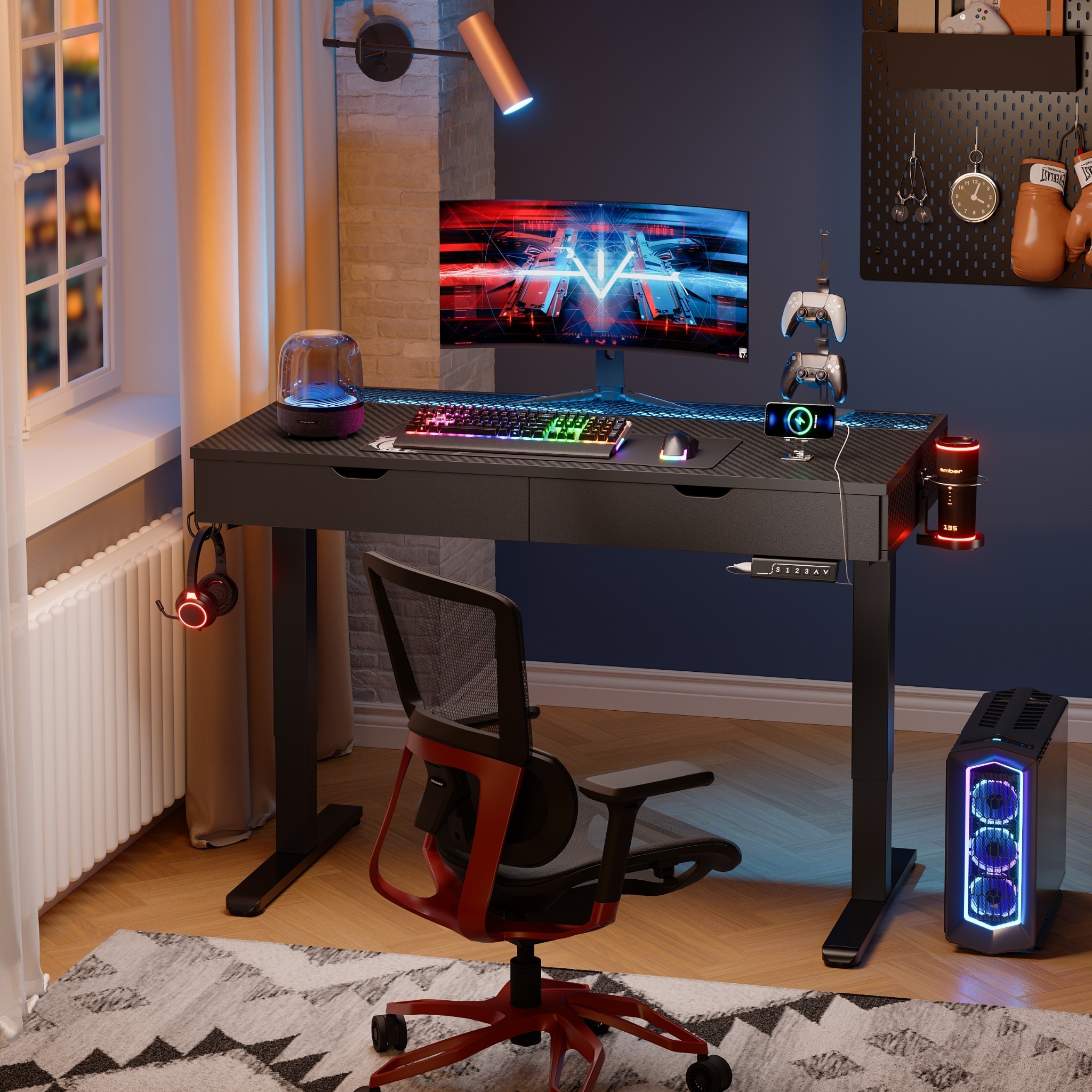 Standing Desk Electric Height Adjustable Gaming Desk with Drawer USB Port and LED Light Computer Desk Rustic Brown