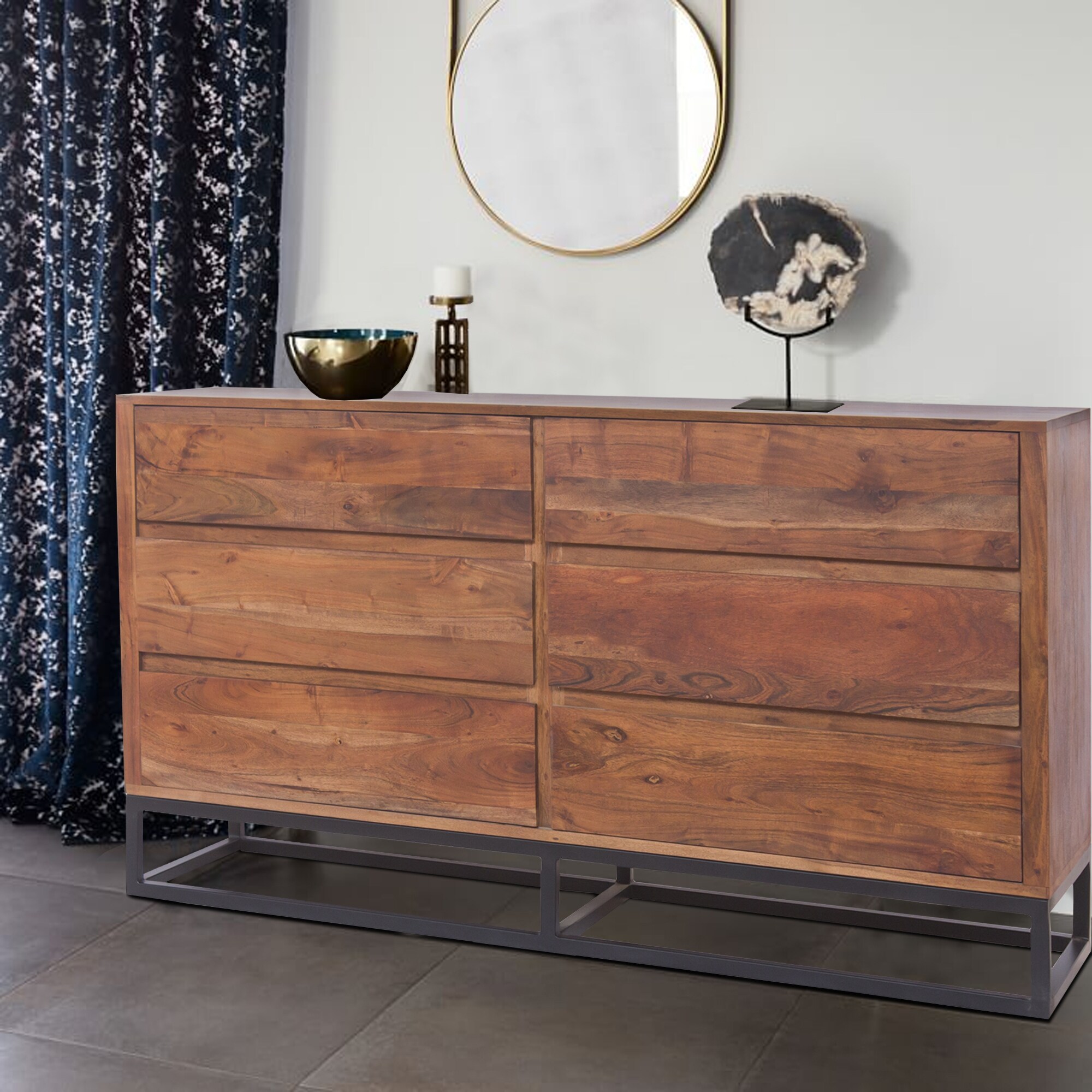 Modern Acacia Wood Dresser or Display Unit With Metal Base Walnut Brown and Black On Sale Bed Bath Beyond 27542610