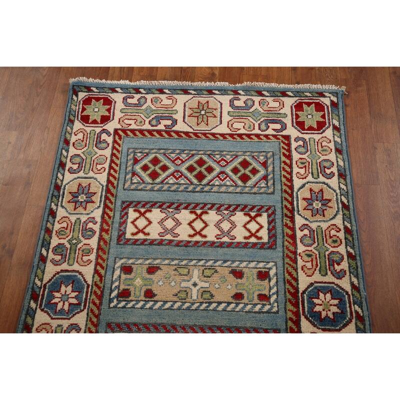 Light Blue Kazak Oriental Runner Rug Handmade Wool Carpet - 3'0" x 16'5"