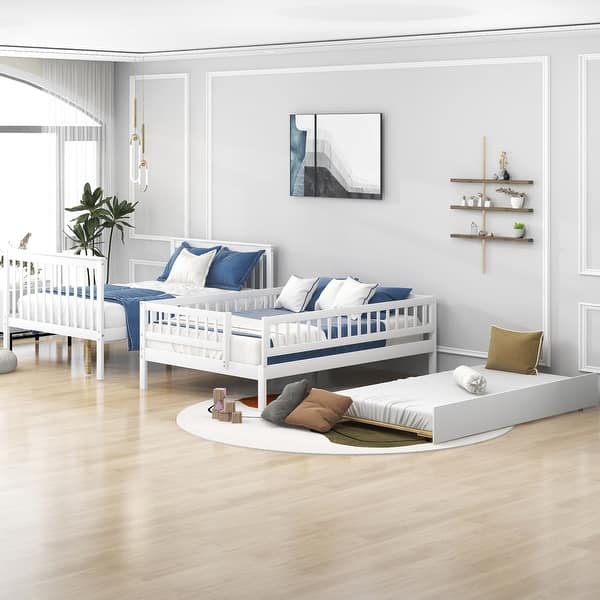 slide 2 of 14, Full over Full Wooden Bunk Bed with Trundle and Storage Staircase,Classic Design White
