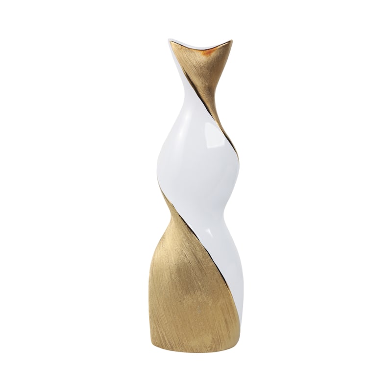 Contemporary Ceramic Twisted Vase -White and Gold Floral Vase - 6" x 4" x 20"