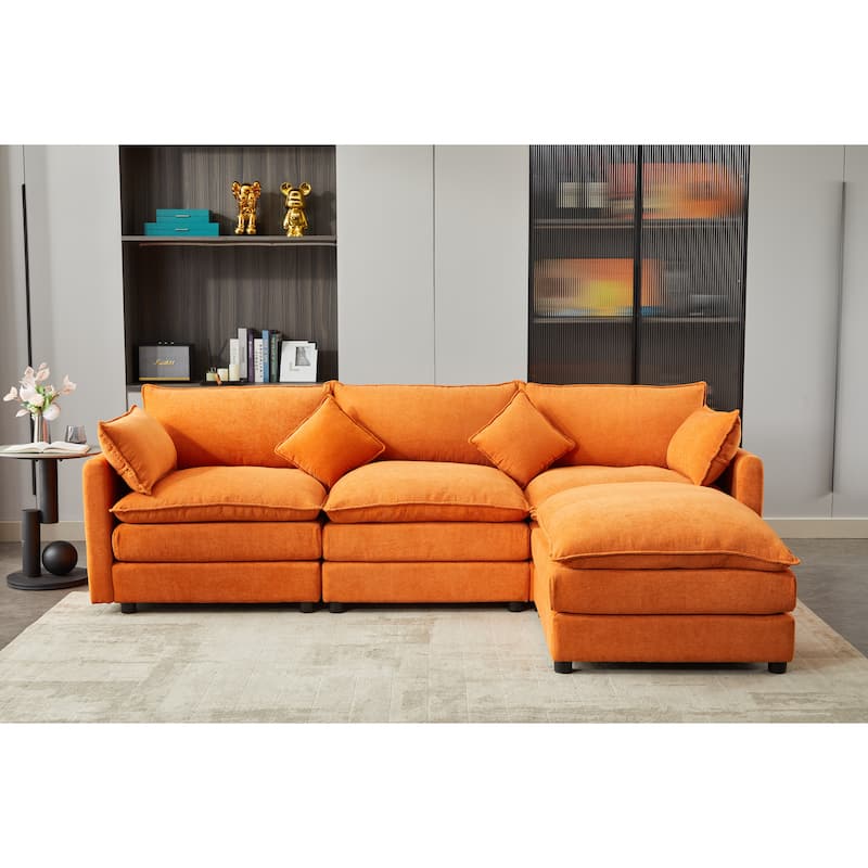 Minimalist Chenille Modular Sectional Sofa, 3-Seater L-Shaped Couch with Movable Ottoman, Upholstered Sofa for Living Room