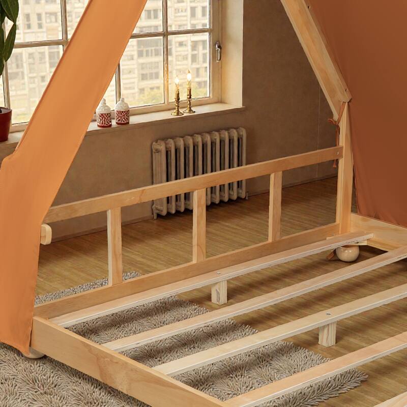 Twin/Full House Bed with Detachable Tent and Skylight, Kids Cabin Bed with Canopy, Light, and Forest-Themed Accents