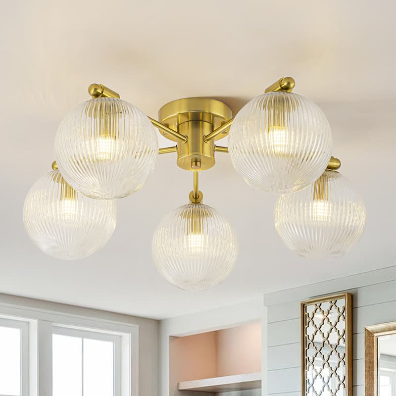 22 in. 5-Light Modern Brass Clear Ribbed Glass Globe Semi-Flush Mount Ceiling Light - 22.05 in. diameter x 8.66 in. height