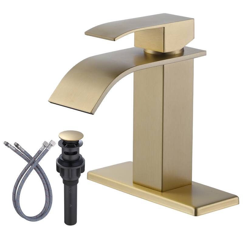 WOWOW Single Handle Waterfall Bathroom Faucet with Pop-Up Drain - Gold