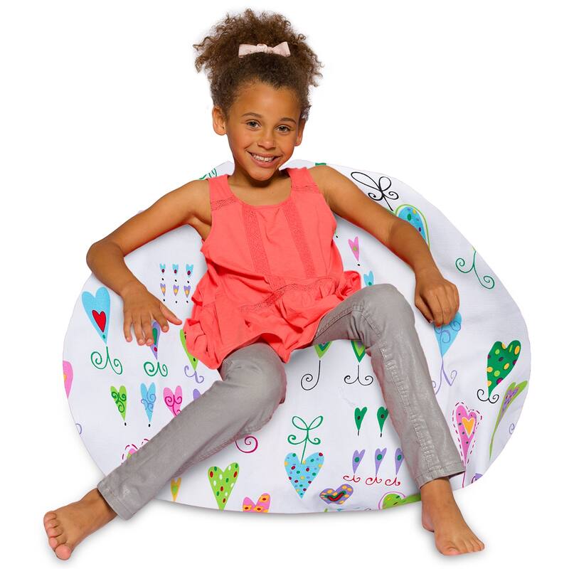 Kids Bean Bag Chair, Big Comfy Chair - Machine Washable Cover - 38 Inch Large - Canvas Multi-colored Hearts on White