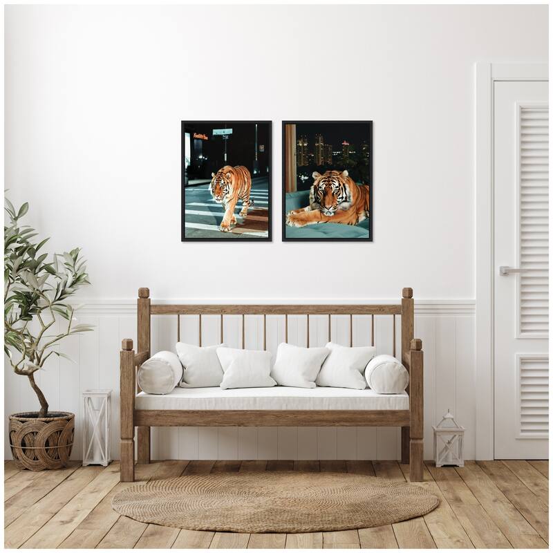 Kate and Laurel Sylvie Tiger in the City at Night Framed Canvas Art Set by Michael Schauer