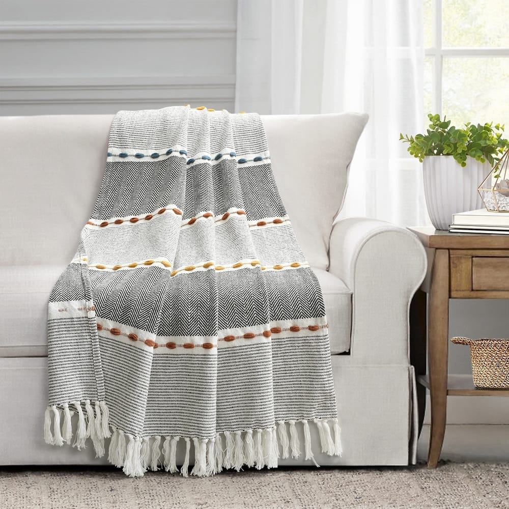 Lush Decor Herringbone Stripe Yarn Dyed Cotton Woven Tassel Throw Blanket