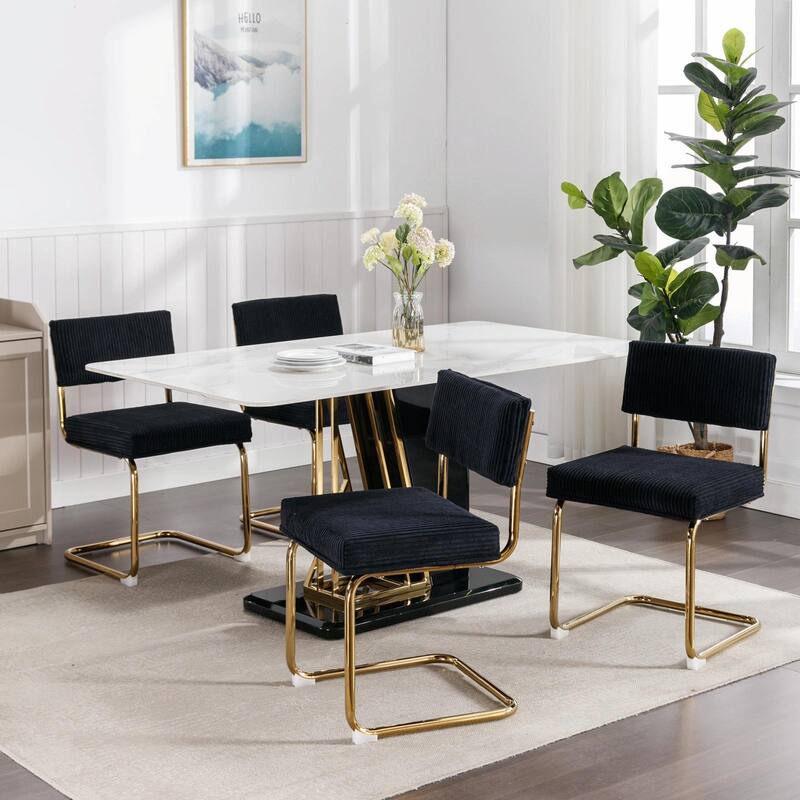 Modern Corduroy Dining Chairs - Gold Metal Base - Armless - Channel Tufting - Set of 2