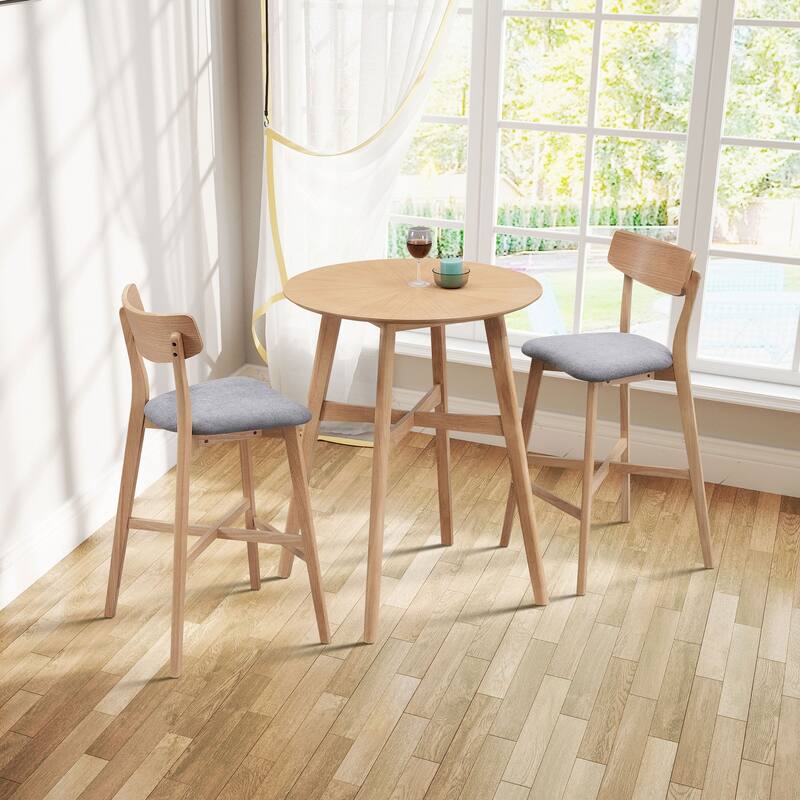 2-Piece Bar Chair Set, Solid Rubber Wood Frame, Upholstered Counter Stools with Footrest