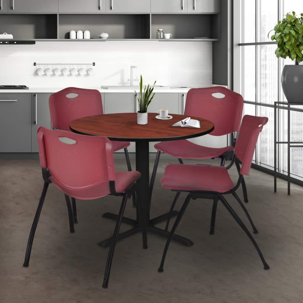 36" Round Breakroom Table- Cherry & 4 'M' Stack Chairs- Burgundy - Burgundy, Cherry - 36