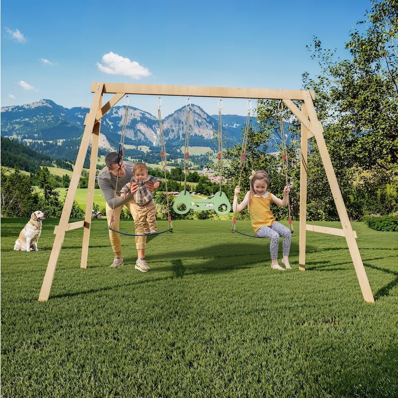 EROMMY All-Weather Cedar Wooden Swing Set - 2 Belt Swings & Trapeze Bar for Kids Backyard - Wood - Wood