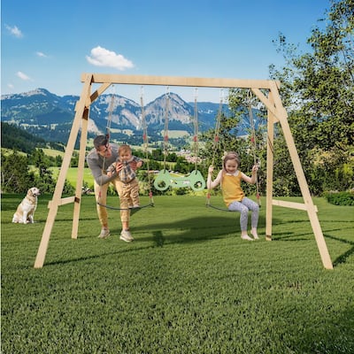 EROMMY All-Weather Cedar Wooden Swing Set - 2 Belt Swings & Trapeze Bar for Kids Backyard - Wood