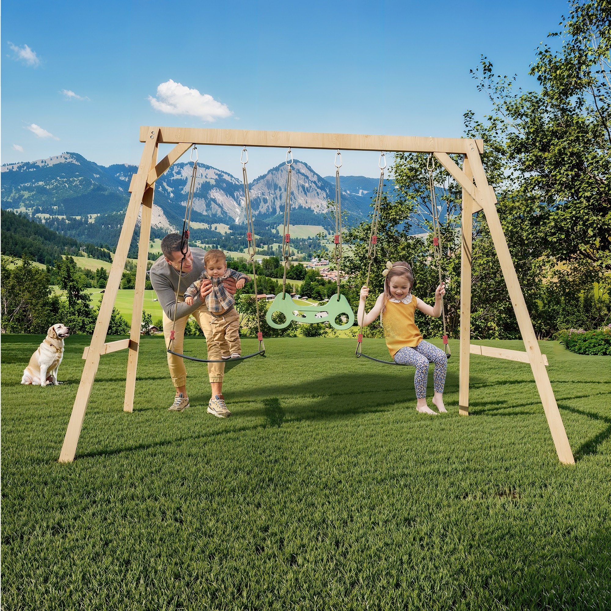 EROMMY All-Weather Cedar Wooden Swing Set - 2 Belt Swings