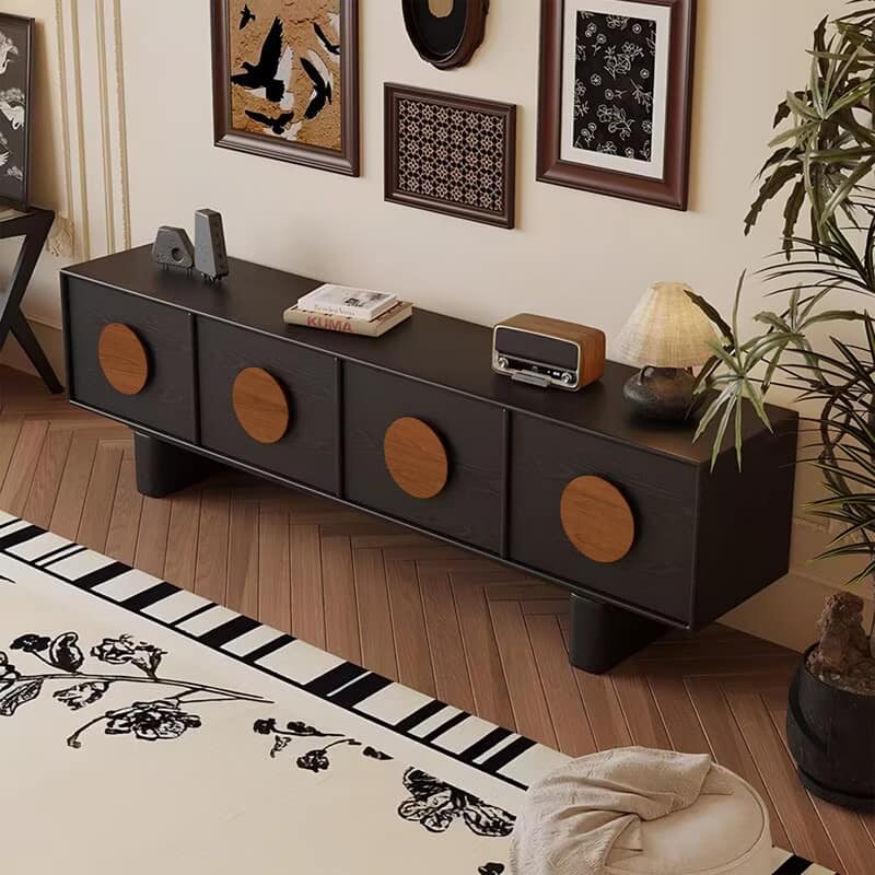 71" Mid Century Modern Black TV Stands, With Solid Wood Veneer, 4 Cabinets Media Console