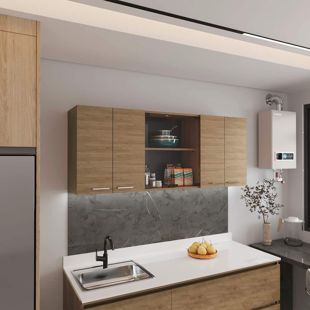 Wall Cabinet 24" H,two internal Shelves and internal plate and glass organizer,two Storage Shelves with two glass Doors