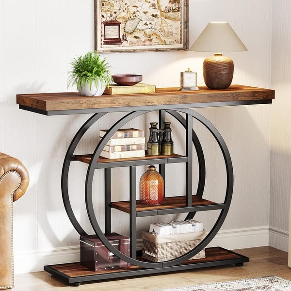 41.3" Console Table, Industrial 4-Tier Sofa Table Entryway with Circle Base - brown/black